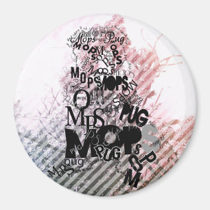 Pug of types on flowers magnet