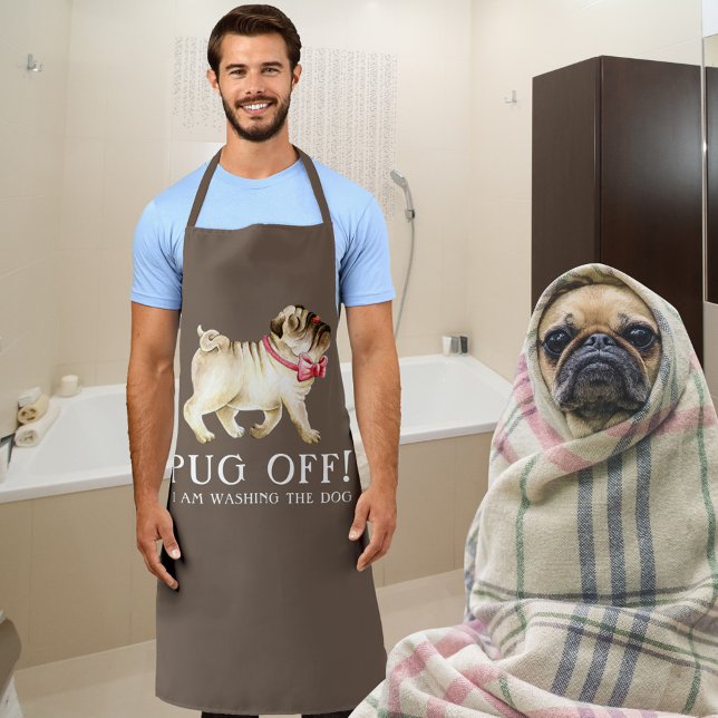 Pug off! custom name pug art dog brown apron (Creator Uploaded)
