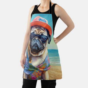 Pug on Beach, summer gift for dog lover  Apron