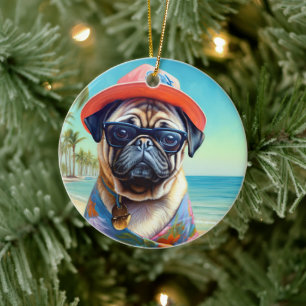 Pug on Beach, summer gift for dog lover  Ceramic Tree Decoration