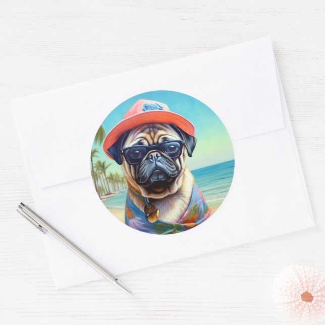 Pug on Beach, summer gift for dog lover  Classic Round Sticker (Envelope)