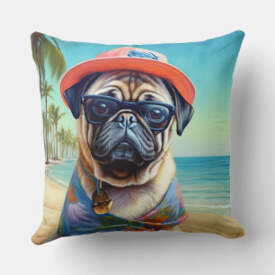 Pug on Beach, summer gift for dog lover  Cushion