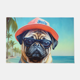 Pug on Beach, summer gift for dog lover  Doormat