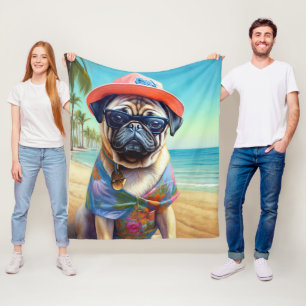 Pug on Beach, summer gift for dog lover Fleece Blanket