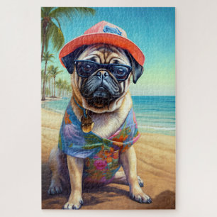 Pug on Beach, summer gift for dog lover Jigsaw Puzzle