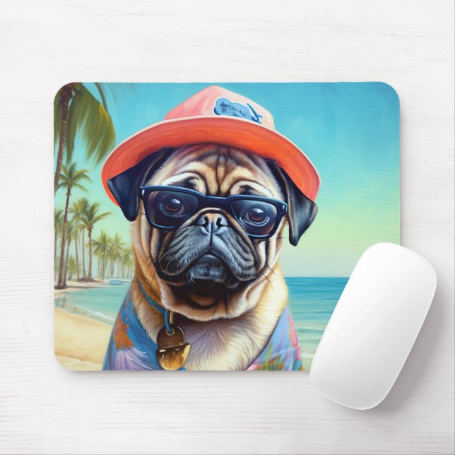 Pug on Beach, summer gift for dog lover  Mouse Mat (With Mouse)