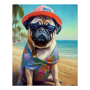 Pug on Beach, summer gift for dog lover Poster