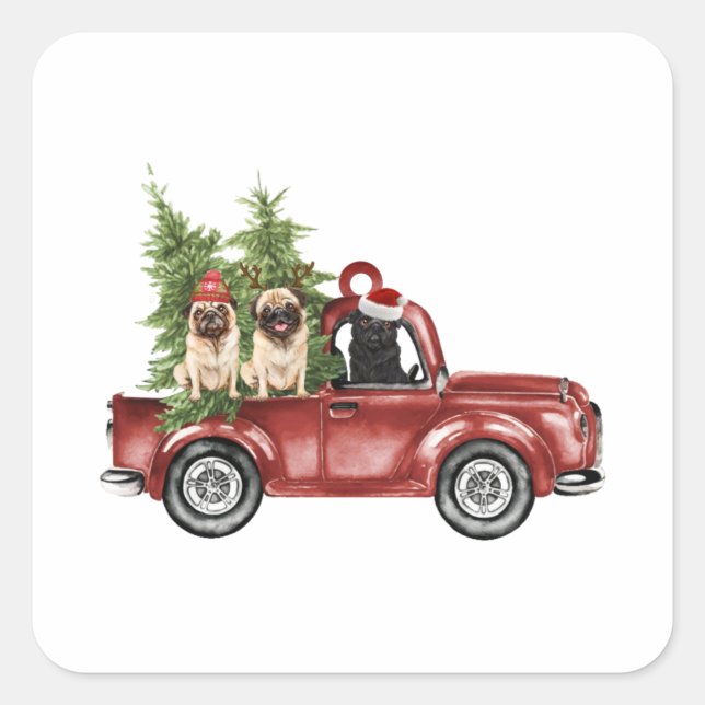 Pug On Car Christmas Ornament Funny Christmas Tree Square Sticker (Front)