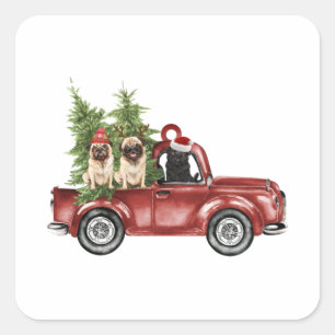 Pug On Car Christmas Ornament Funny Christmas Tree Square Sticker