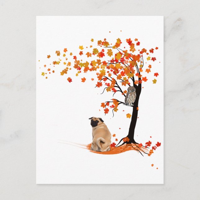Pug Owl And Fall Tree Pug Owner Funny Pug Autumn Postcard (Front)