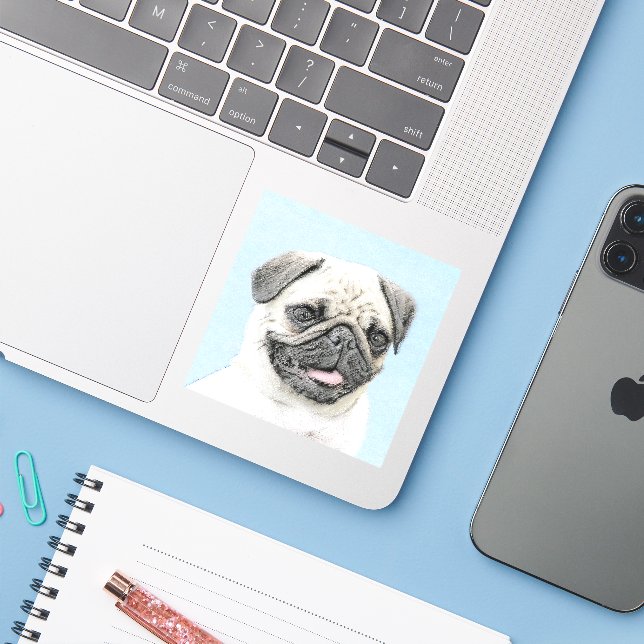 Pug Painting - Cute Original Dog Art (Laptop w/ iPhone)