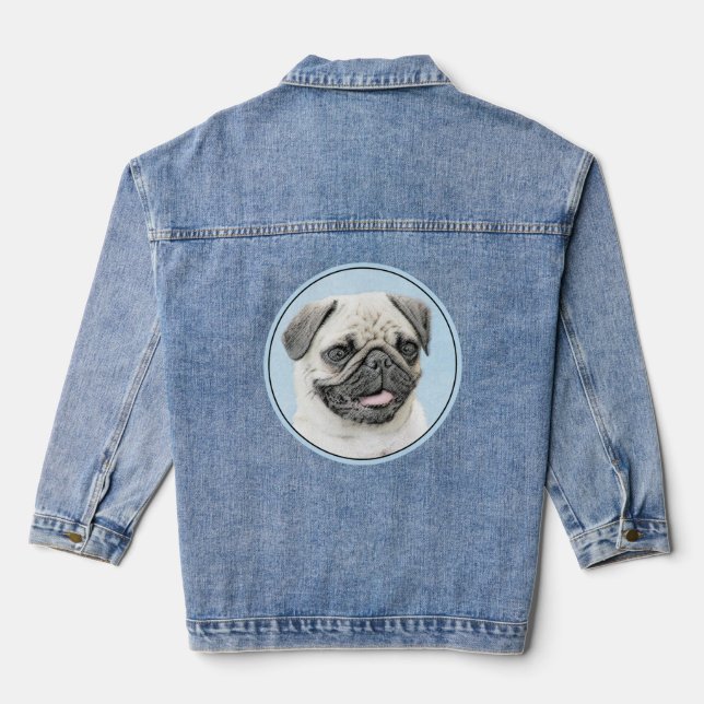 Pug Painting - Cute Original Dog Art Denim Jacket (Back)