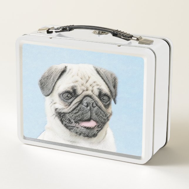 Pug Painting - Cute Original Dog Art Metal Lunch Box (Back)