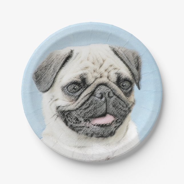 Pug Painting - Cute Original Dog Art Paper Plate (Front)