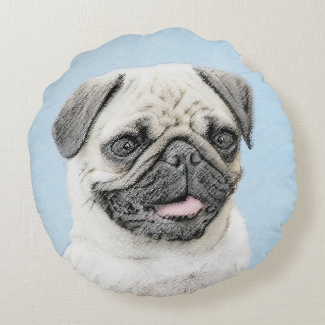 Pug Painting - Cute Original Dog Art Round Cushion (Back)