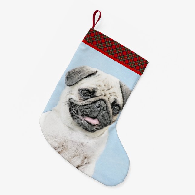 Pug Painting - Cute Original Dog Art Small Christmas Stocking (Front (Hanging))