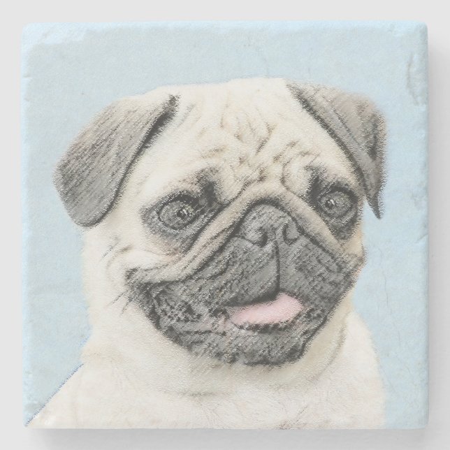 Pug Painting - Cute Original Dog Art Stone Coaster (Front)
