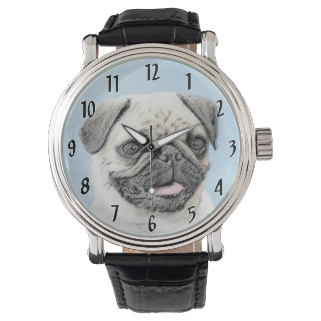 Pug Painting - Cute Original Dog Art Watch (Front)