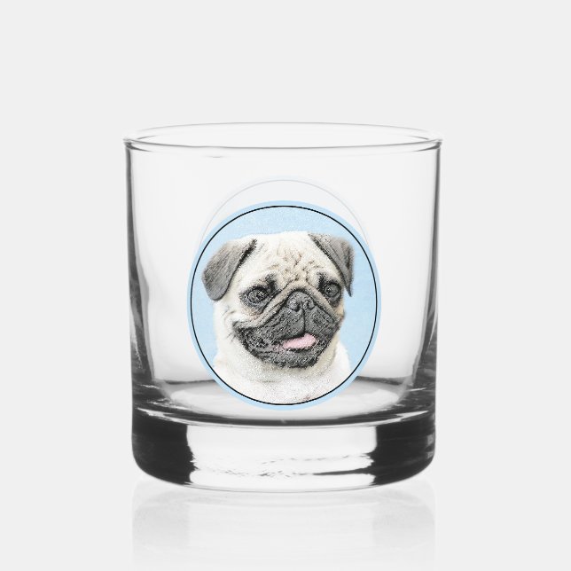 Pug Painting - Cute Original Dog Art Whiskey Glass (Front)