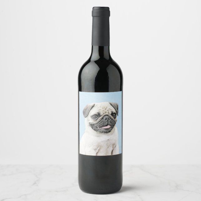 Pug Painting - Cute Original Dog Art Wine Label (Front)