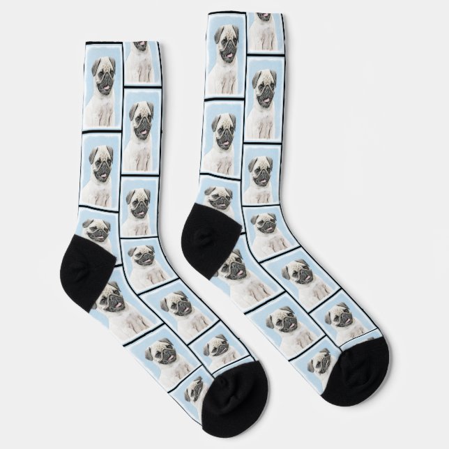 Pug Painting Fawn Silver Cute Original Pet Dog Art Socks (Right)