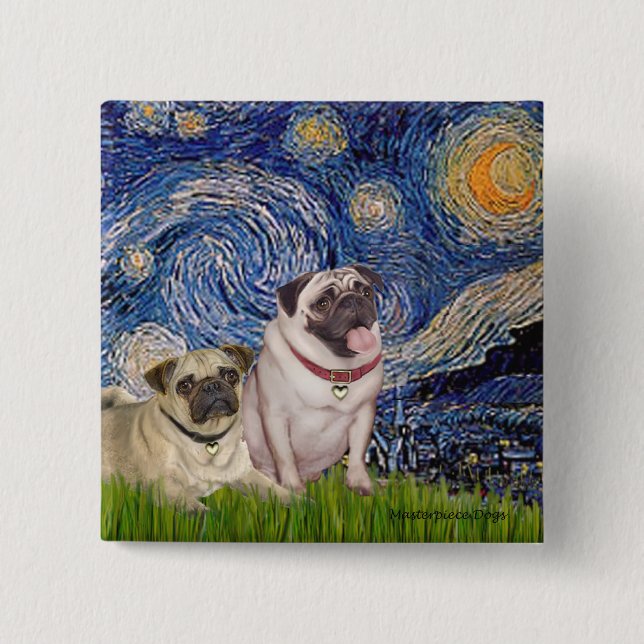 Pug Pair (fawn) - Starry Night 15 Cm Square Badge (Front)