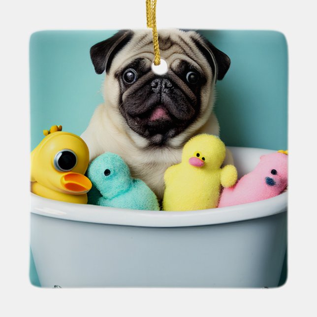Pug Paradise: A Bathing Beauty in the Tub Ceramic Ornament (Front)