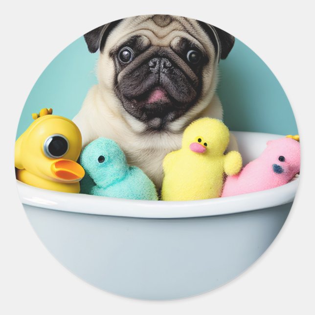 Pug Paradise: A Bathing Beauty in the Tub Classic Round Sticker (Front)