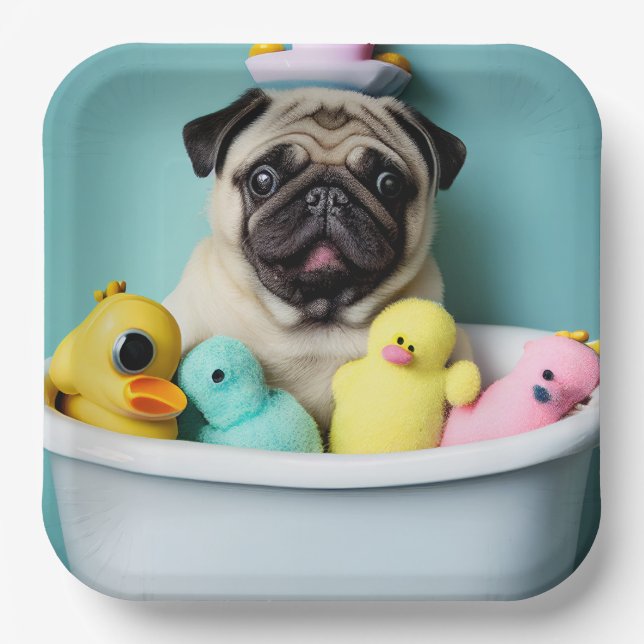 Pug Paradise: A Bathing Beauty in the Tub Paper Plate (Front)