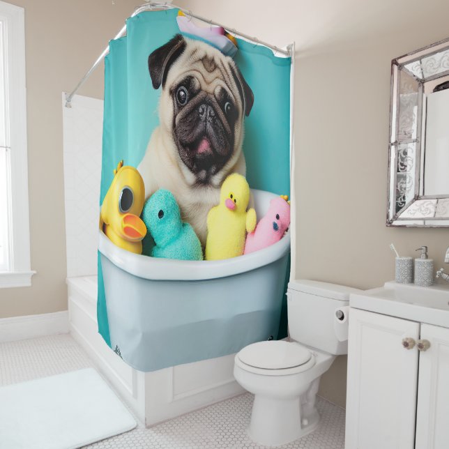 Pug Paradise: A Bathing Beauty in the Tub Shower Curtain (In Situ)