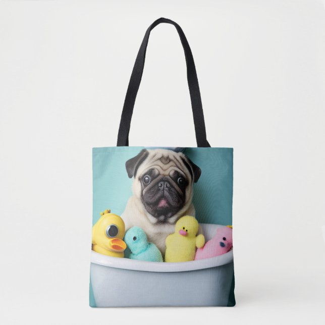 Pug Paradise: A Bathing Beauty in the Tub Tote Bag (Front)