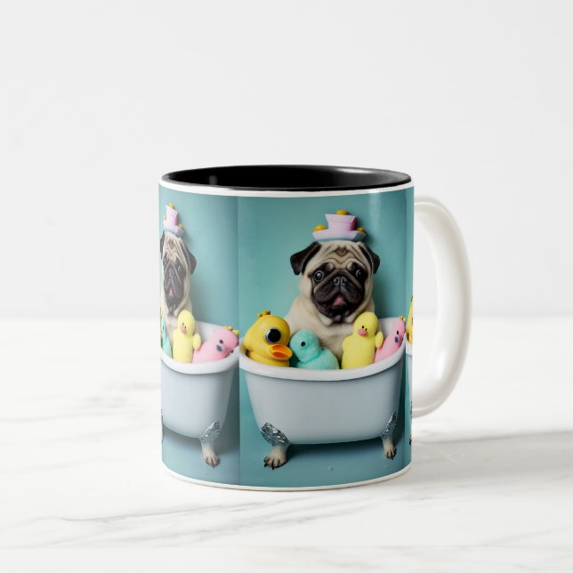 Pug Paradise: A Bathing Beauty in the Tub Two-Tone Coffee Mug (Front Right)