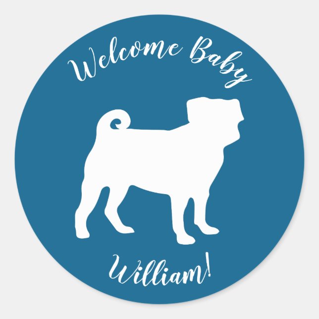Pug Party Blue Theme Celebration Classic Round Sticker (Front)