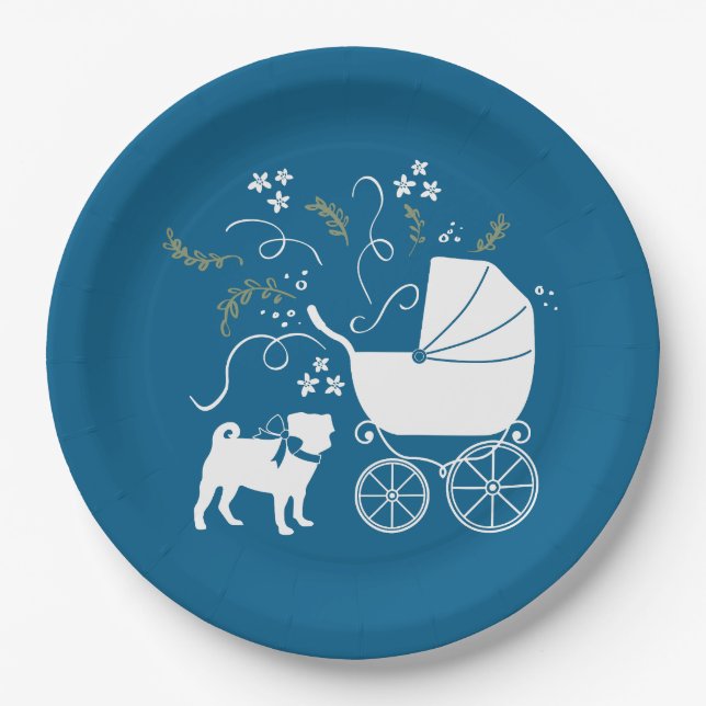 Pug Party Blue Theme Celebration Paper Plate (Front)