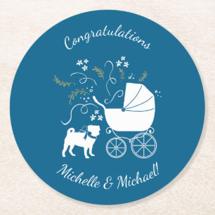 Pug Party Blue Theme Celebration Round Paper Coaster