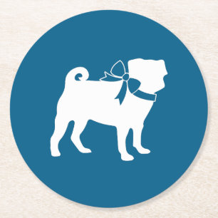 Pug Party Blue Theme Celebration Round Paper Coaster