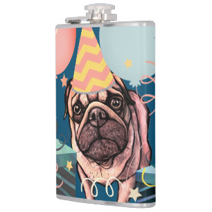 Pug Party Celebration Balloons Dog Photo Confetti Hip Flask