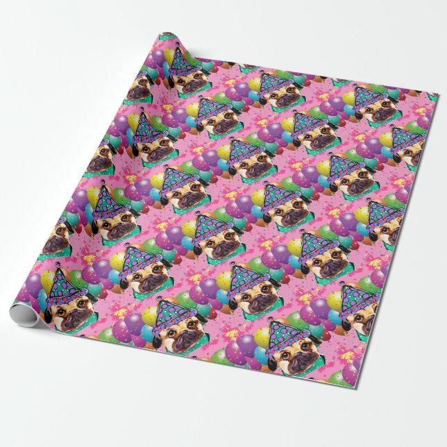 Pug Party Dog Wrapping Paper (Unrolled)