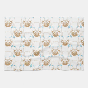 Pug Pattern brown blue Tea Towel