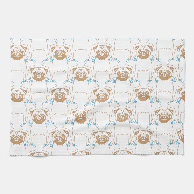 Pug Pattern brown blue Tea Towel (Horizontal)