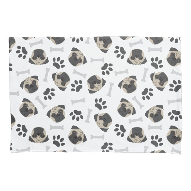 Pug, paw and bones pattern pillowcase (Front)