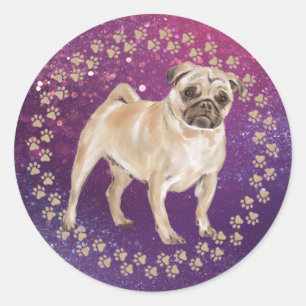 Pug Paw Prints and Space Background Classic Round Sticker