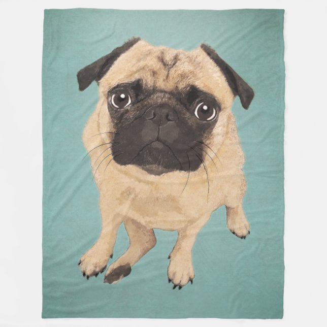 Pug Pet Portrait Cute Comic Style Fleece Blanket (Front)