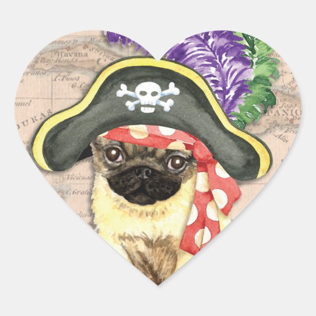 Pug Pirate Heart Sticker (Front)