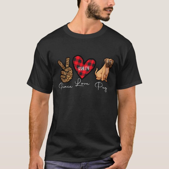 Pug Plaid Peace Love Cute Dog T-Shirt (Front)