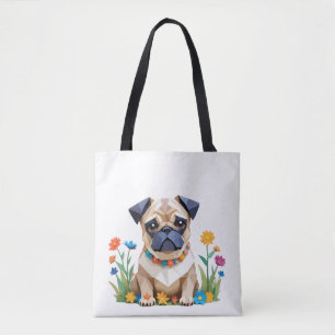 Pug Playful Adorable Fun Animal Colourful Geometri Tote Bag