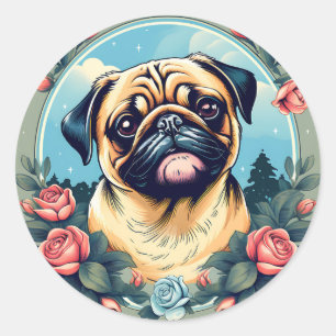 Pug Playful Dog Portrait With Flowers Classic Round Sticker