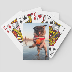 Pug Playing Ball on Beach Cards