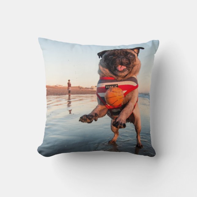 Pug Playing Ball on Beach Cushion (Front)