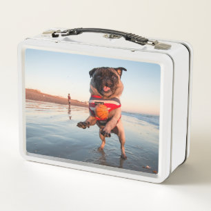 Pug Playing Ball on Beach Metal Lunch Box